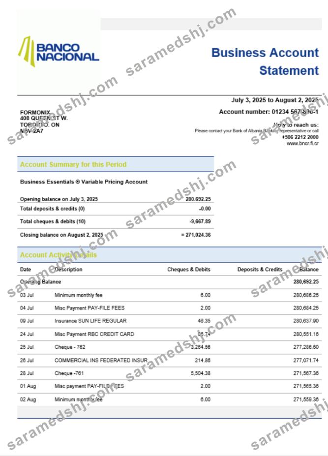 Costa Rican Banco Nacional de Costa Rican business bank  company account statement Word and PDF format